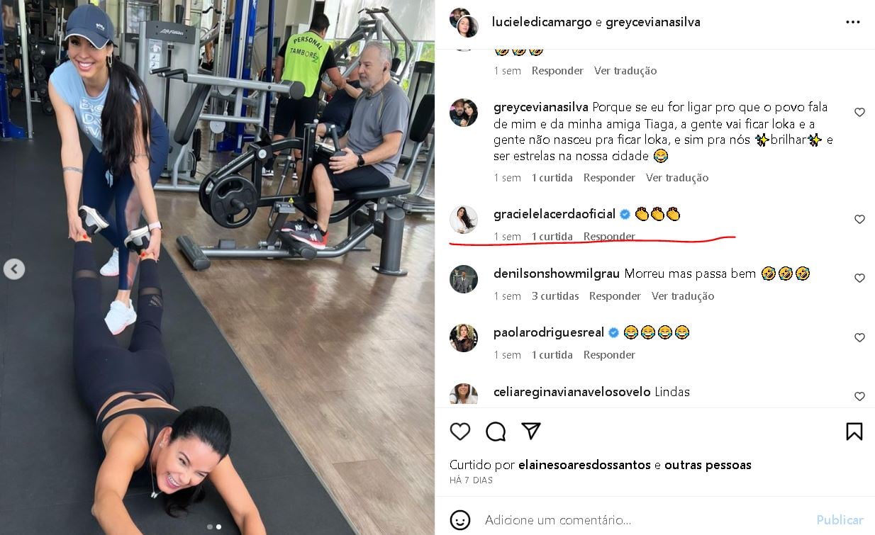 Luciele Di Camargo, esposa de Denílson, jogada no chão em academia e comentario de Graciele Lacerda- Foto Reprodução Internet