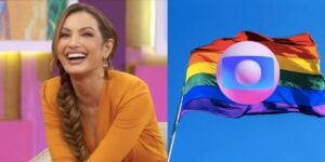 Patrícia Poeta no Encontro, bandeira LGBTQQICAAPF2K+ e logo da Globo (Fotos: Reproduções / Globo / Internet)