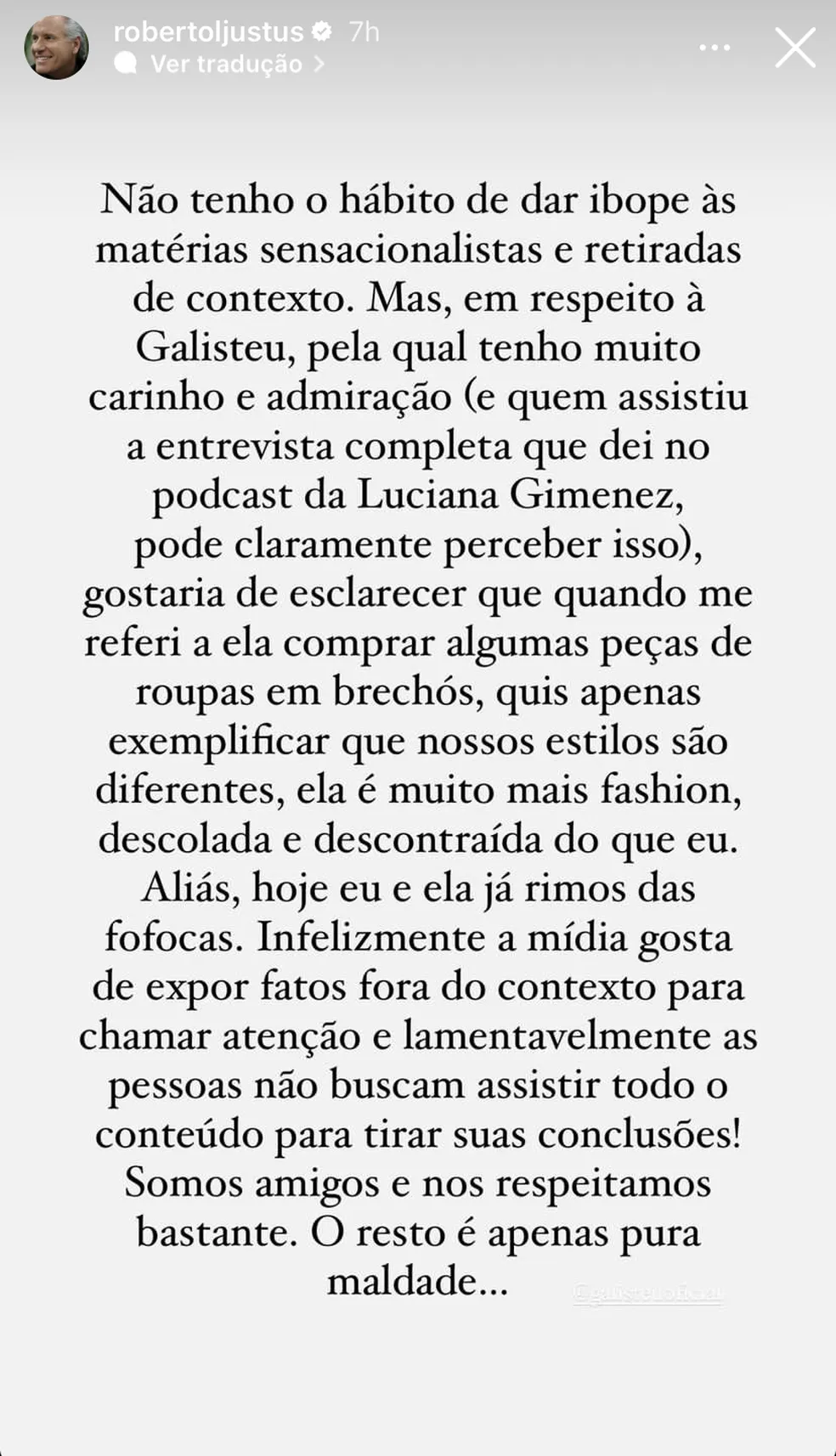Roberto Justus se explica sobre recentes falas a respeito de Adriane Galisteu 