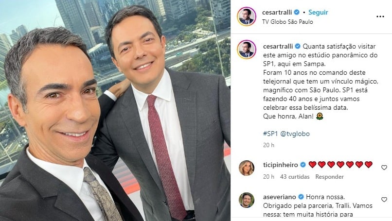 César Tralli e Alan Severiano nos estúdios do SP1 (Reprodução: Instagram)