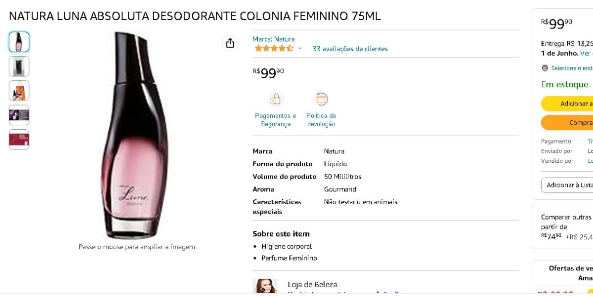 NATURA LUNA ABSOLUTA DESODORANTE COLONIA FEMININO (Reprodução - Amazon)