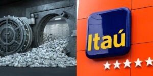 Cofre de banco cheio de dinheiro e logo da agência Itaú (Reprodução - Internet)