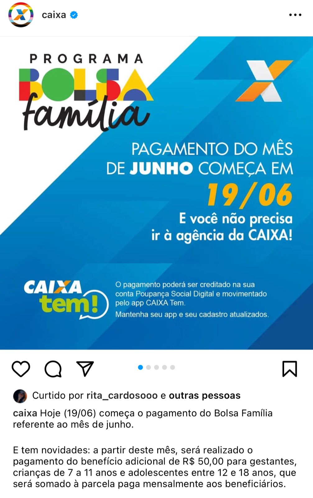 Caixa faz anúncio sobre o pagamento do Bolsa Família - Foto Instagram