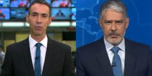 César Tralli no Jornal Hoje e William Bonner no Jornal Nacional (Foto: Reprodução / Globo)