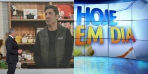 Edu Guedes e Joel Datena nos estúdios da Land e logo do Hoje em Dia (Reprodução: Montagem TV Foco)