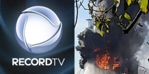 Logo da Record em colagem com Imagem de incendio em petroquímica no Fala Brasil - Foto Reprodução Record