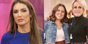 Patrícia Poeta no Encontro e, Tati Machado e Ana Maria no Mais Você (Fotos: Reproduções / Globo)