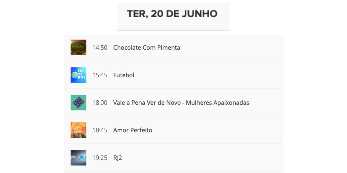 Programação do dia 20 de junho (Foto: Reprodução / Globo)