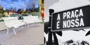 Bancos da Praça é Nossa vazios e placa em preto e branco - Foto Reprodução Internet