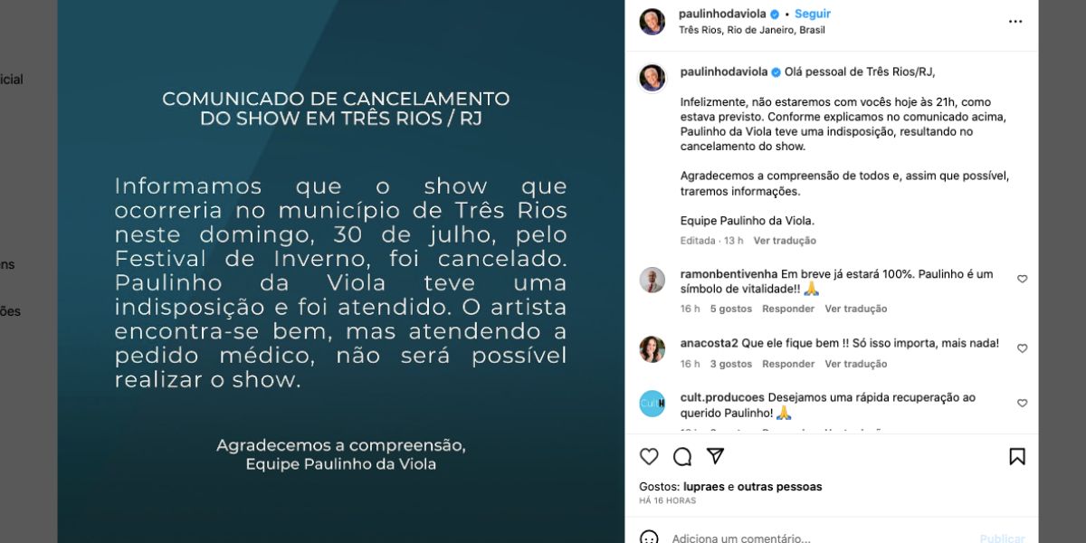 Comunicado Paulinho da Viola (Foto: Reprodução / Instagram) Comunicado Paulinho da Viola (Foto: Reprodução / Instagram)