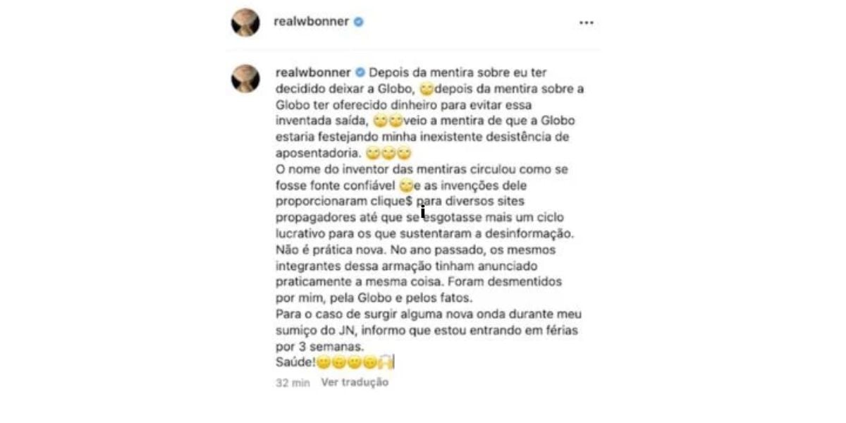 Comunicado William Bonner sobre possível aposentadoria (Foto: Reprodução/ Instagram)