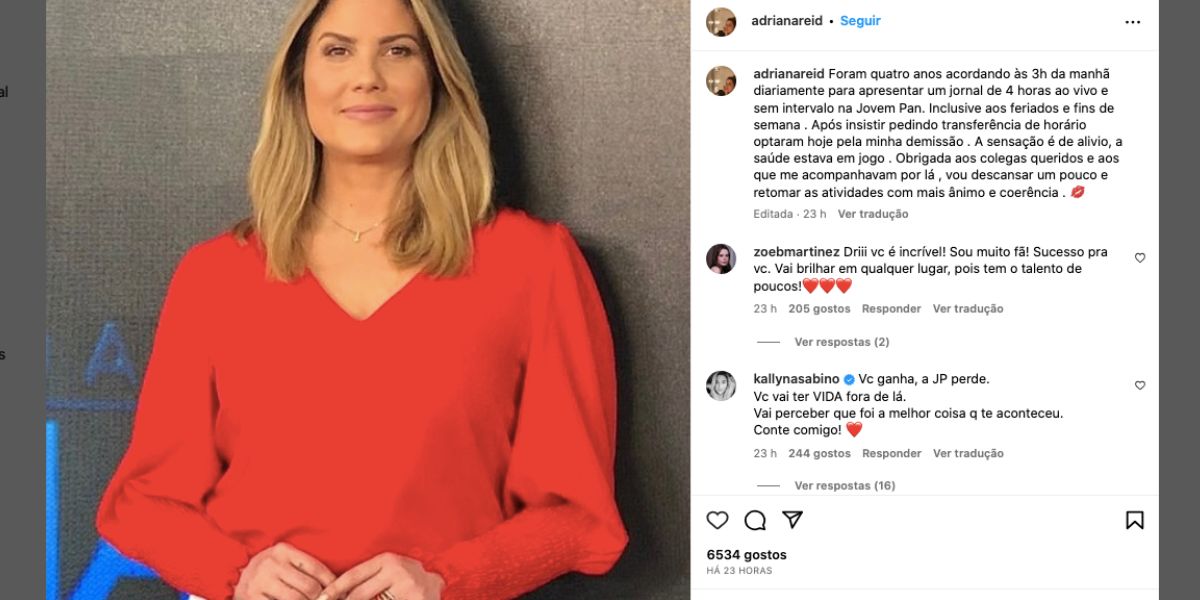 Desabafo de Adriana Reid sobre demissão da Jovem Pan (Foto: Reprodução / Instagram) 