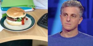 Luciano Huck e hambúrguer em mesa de trabalho - Foto Reprodução Internet