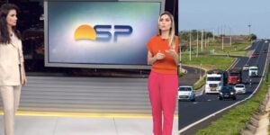 Sabina Simonato e Luiza Vaz no Bom Dia São Paulo e carros em estrada (Fotos: Reproduções / Globo /  Triunfo Transbrasiliana)