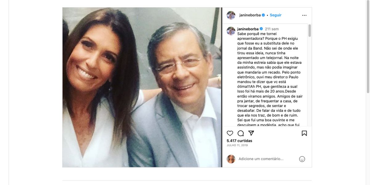 Texto de Janine Borba para Paulo Henrique Amorim (Foto: Reprodução / Instagram) 
