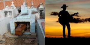 Túmulo aberto em cemitério e sombra de sertanejo - Foto Reprodução Internet