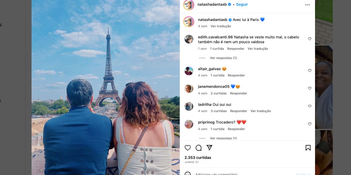 William Bonner e Natasha Dantas em Paris (Foto: Reprodução / Instagram)