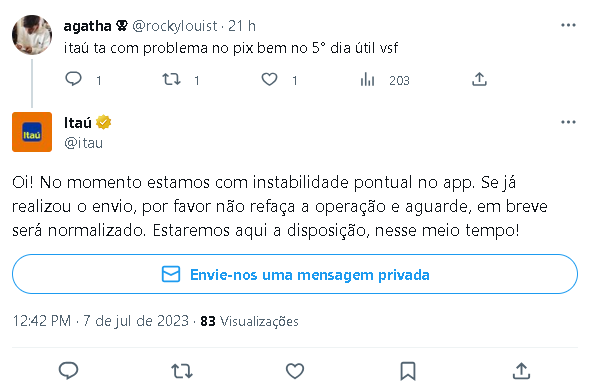Aplicativo do Itaú passou por instabilidade no pix (Foto: Reprodução/ Twitter)