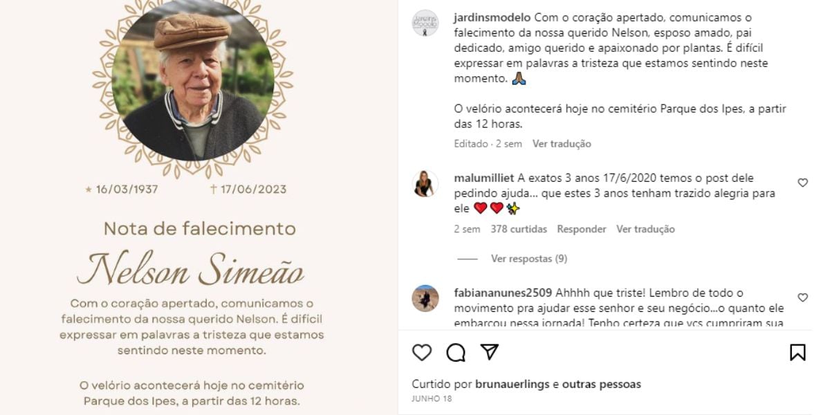 A empresa lamentou a morte do Sr. Nelson, dono da Jardins Modelo (Reprodução: Instagram)