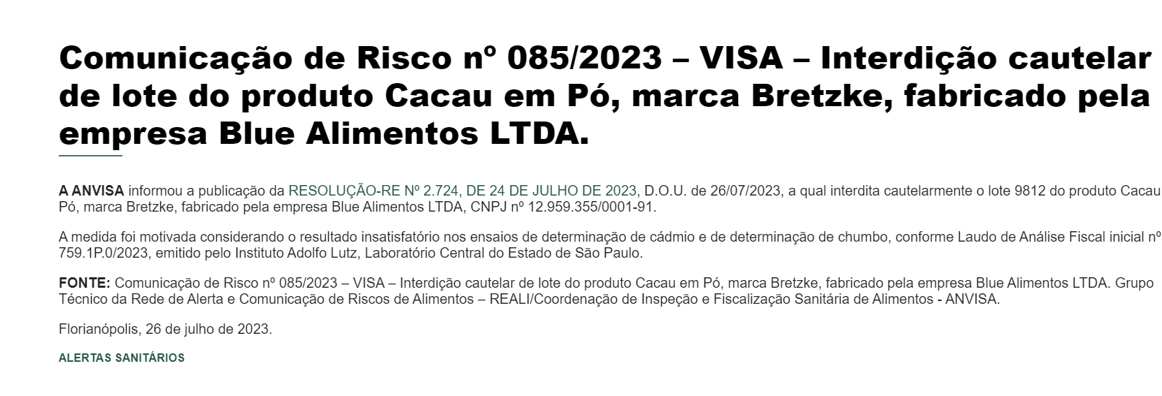 Comunicado da Anvisa (Foto Reprodução/Prefeitura de Florianópolis)