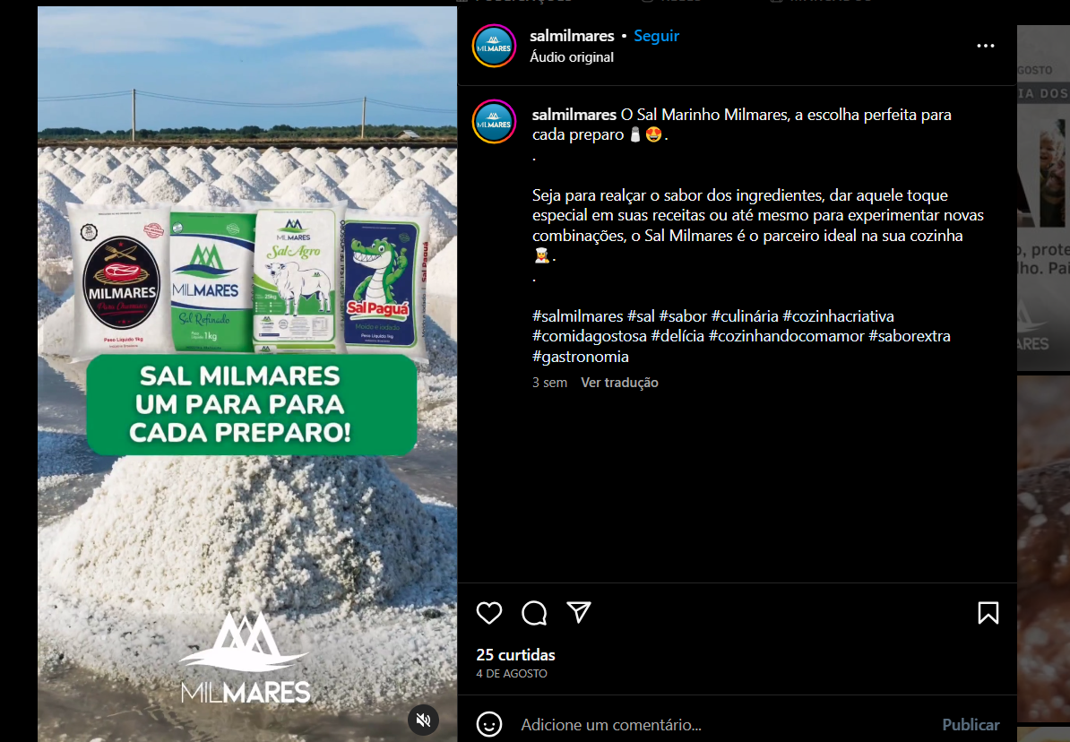 Postagem da Milmares com suas linhas de sal (Foto Reprodução/Instagram)