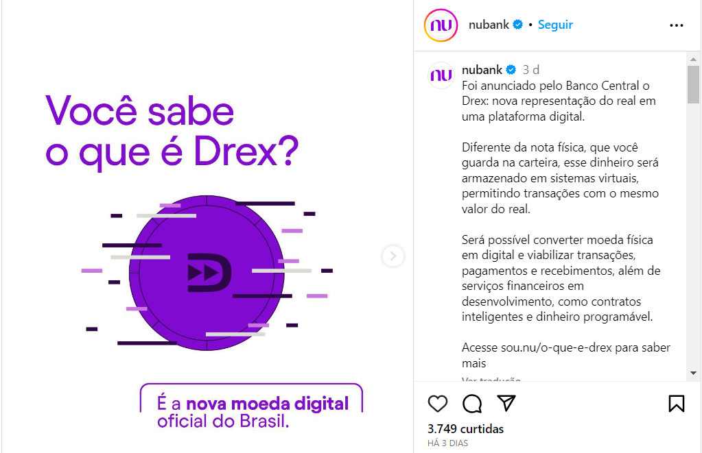 Comunicado do Nubank sobre o Drex. Foto: Reprodução/Instagram