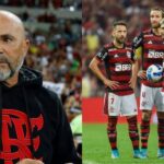 Jorge Sampaoli ao lado dos jogadores do Flamengo (Foto - Montagem TV Foco).