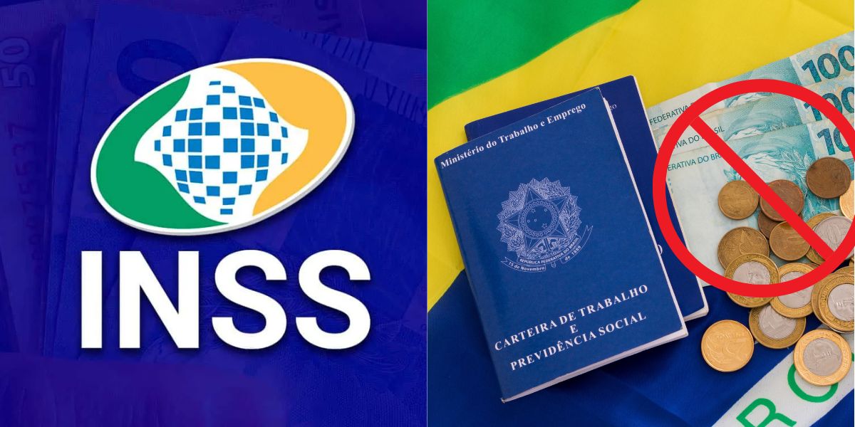 Logo do INSS e carteira de trabalho com dinheiro bloqueado - Foto Reprodução Internet