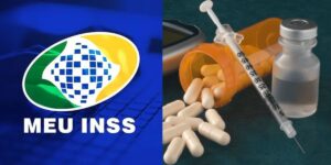 Logo do INSS e insulina e remedio para diabete - Foto Reprodução Internet