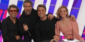 Milhem Cortaz, Ricardo Pereira e Fernanda Rodrigues com Marcos Mion - Foto: Globo