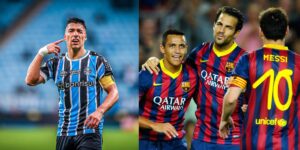 Suárez no Grêmio e o trio (Messi, Fábregas e Sanchez) no Barcelona (Reprodução - Internet)