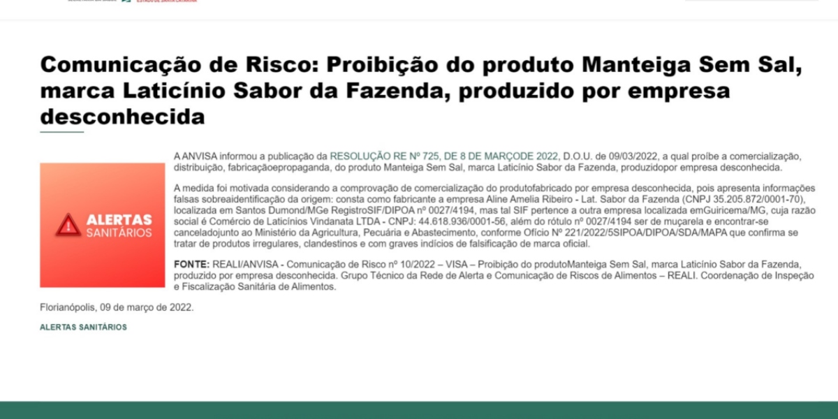 Comunicado oficial da Anvisa (Foto: Reprodução/Vigilância Sanitária SC)