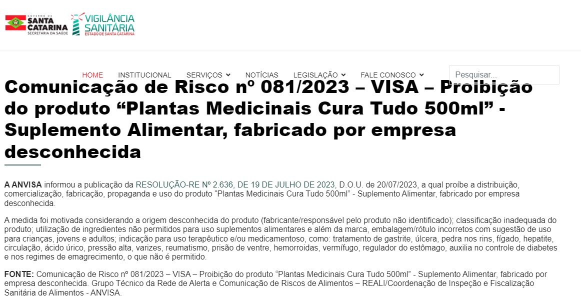 Vigilância Sanitária de Santa Catarina informa comunicado da ANvisa (Foto: Divulgação) Vigilância Sanitária de Santa Catarina informa comunicado da ANvisa (Foto: Divulgação)