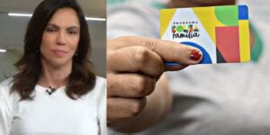 Ana Paula Araújo durante o Bom Dia Brasil e pessoa segurando o cartão do Bolsa Família (Foto: Reproduções / Globo / Internet)