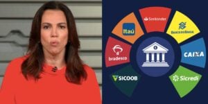 Ana Paula Araújo no Bom Dia Brasil e logo de bancos  (Fotos: Reproduções / Globo / Internet)