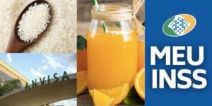 Arroz, unidade da Anvisa, suco e logo do INSS (Fotos: Reproduções / Internet / Marcelo Camargo)