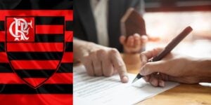 Bandeira do Flamengo e contrato sendo assinado - Foto Reprodução Internet