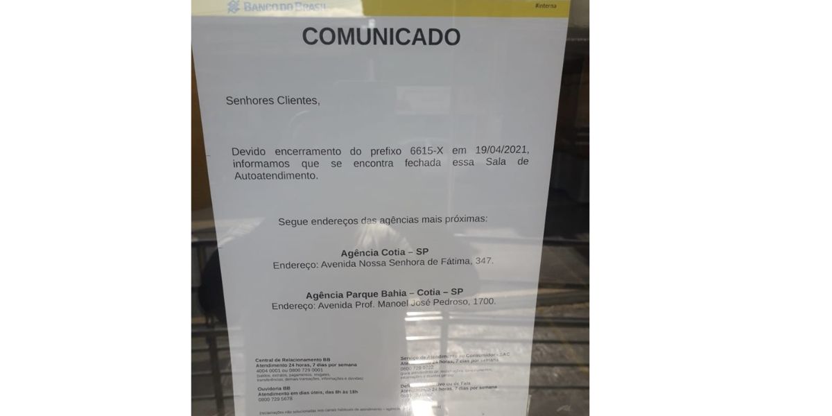 Comunicado na agência do Banco do Brasil (Foto: Reprodução / Jornal Cotia Agora) Comunicado na agência do Banco do Brasil (Foto: Reprodução / Jornal Cotia Agora)