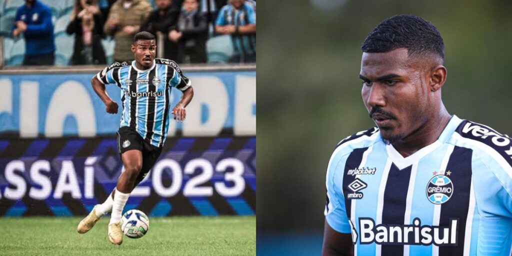 Cuiabano, lateral-esquerdo do Grêmio (Foto - Montagem TV Foco). Cuiabano, lateral-esquerdo do Grêmio (Foto - Montagem TV Foco).