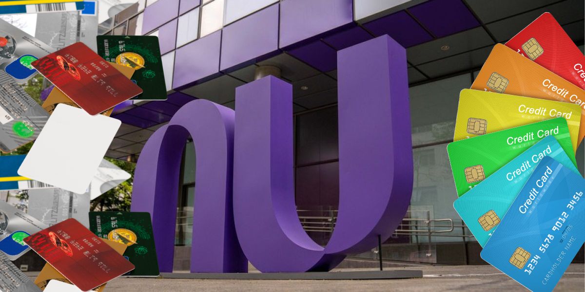 Fachada de sede do Nubank e vários cartões de credito - Foto Reprodução Internet