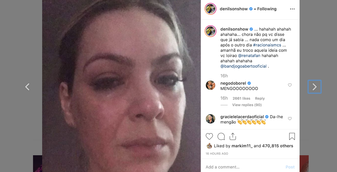 Publicação de Denilson com Renata Fan chorando - Foto Reprodução Instagram