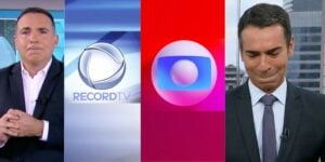 Renaldo Gottino e Cesár Tralli chorando e logo da Globo e da Record - Foto Reprodução Internet