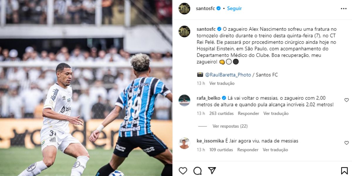 O Santos confirmou a lesão do zagueiro em suas redes sociais (Reprodução: Instagram)