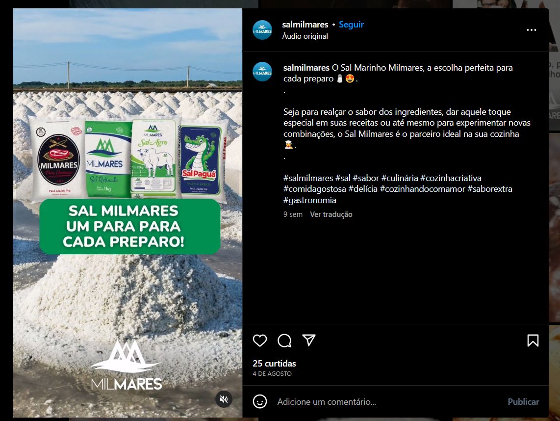 Todas as linhas de sal da Milmares consta no portfólio da marca, compartilhada até mesmo em seu perfil oficial do Instagram (Foto Reprodução/Instagram)