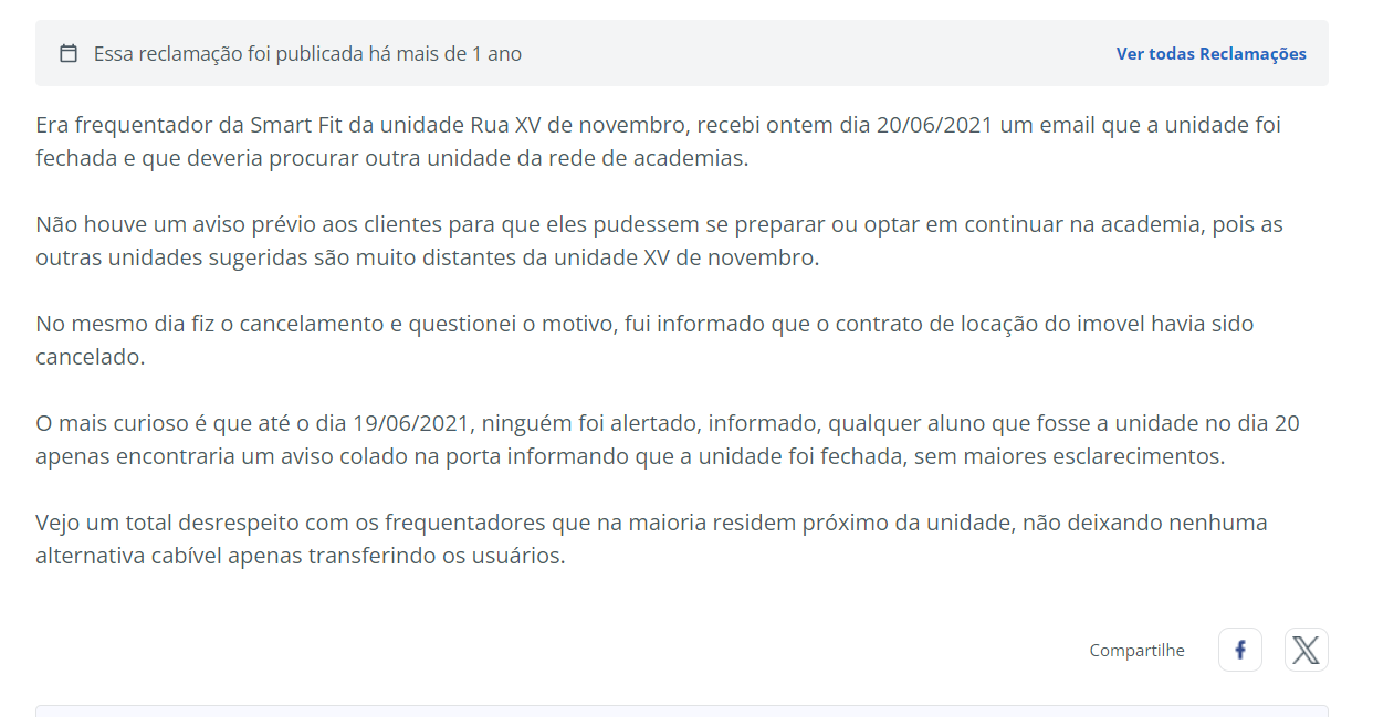 Reclamação de um cliente da unidade fechada da Smartfit (Foto Reprodução/Reclame Aqui)