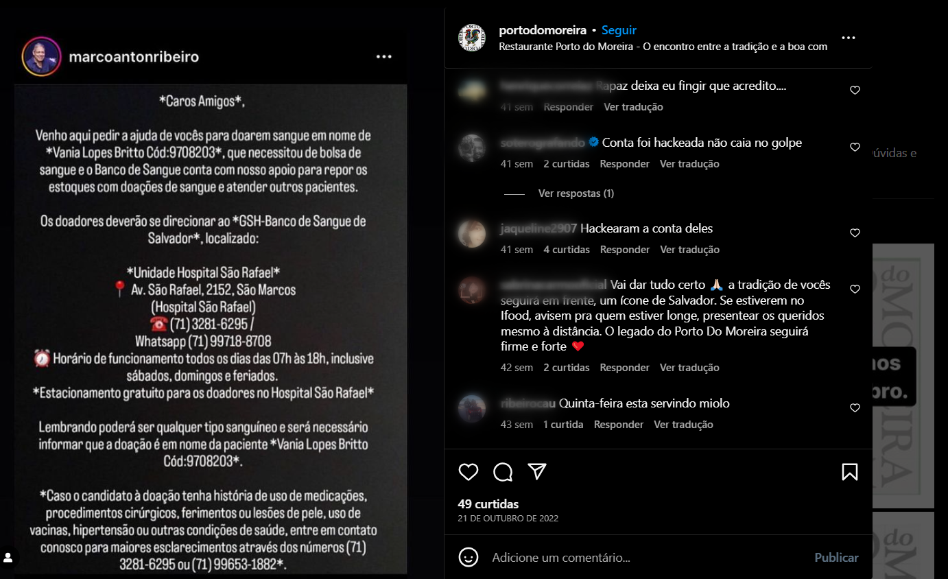 Última publicação no perfil do restaurante Porto do Moreira chamou a atenção de clientes que alegam que a conta havia sido hackeada, já outros aproveitaram para lamentar o fechamento (Foto Reprodução/Instagram)