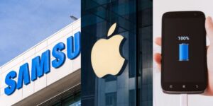Logo da Samsung, Apple e celular carregando - montagem: Tv foco