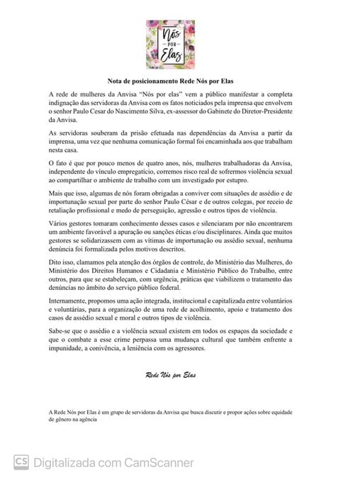 Nota da rede de mulheres da Anvisa “Nós por elas” (Foto: Reprodução, X)