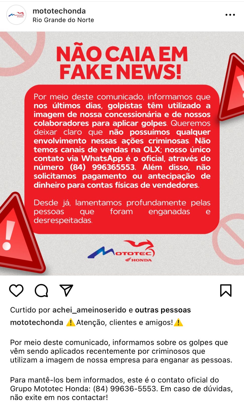 Honda emite comunicado aos motoqueiros - Foto Instagram Oficial Honda