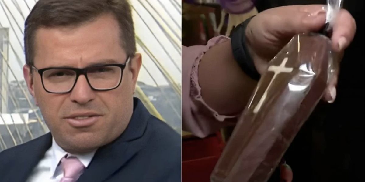 Rodrigo Bocardi no Bom Dia São Paulo e caixão de doce (Foto: Reprodução / Globo)